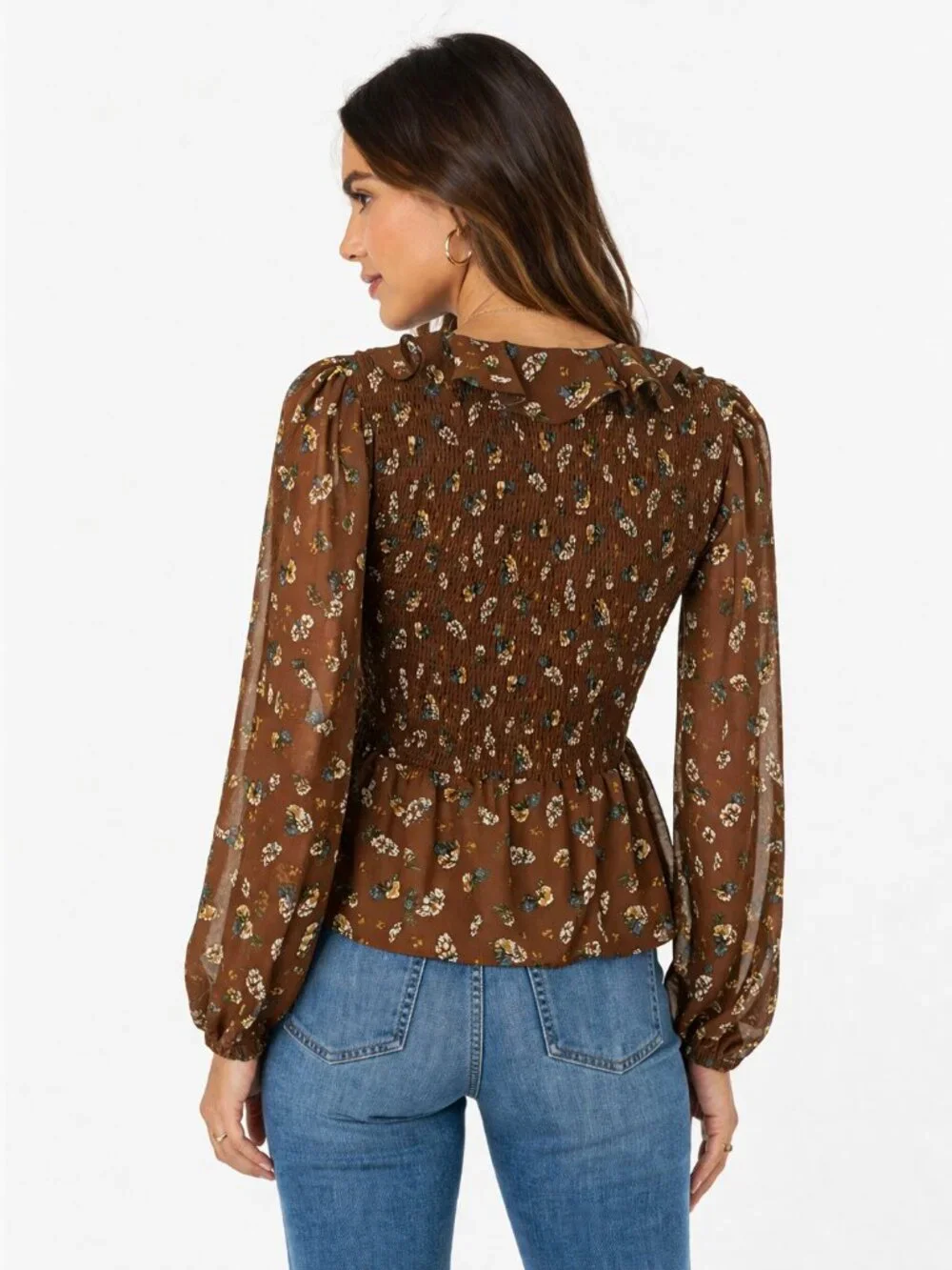 ASTR the Label Brown Ditsy Floral Smocked Ruffle Tie Neck Top Size M